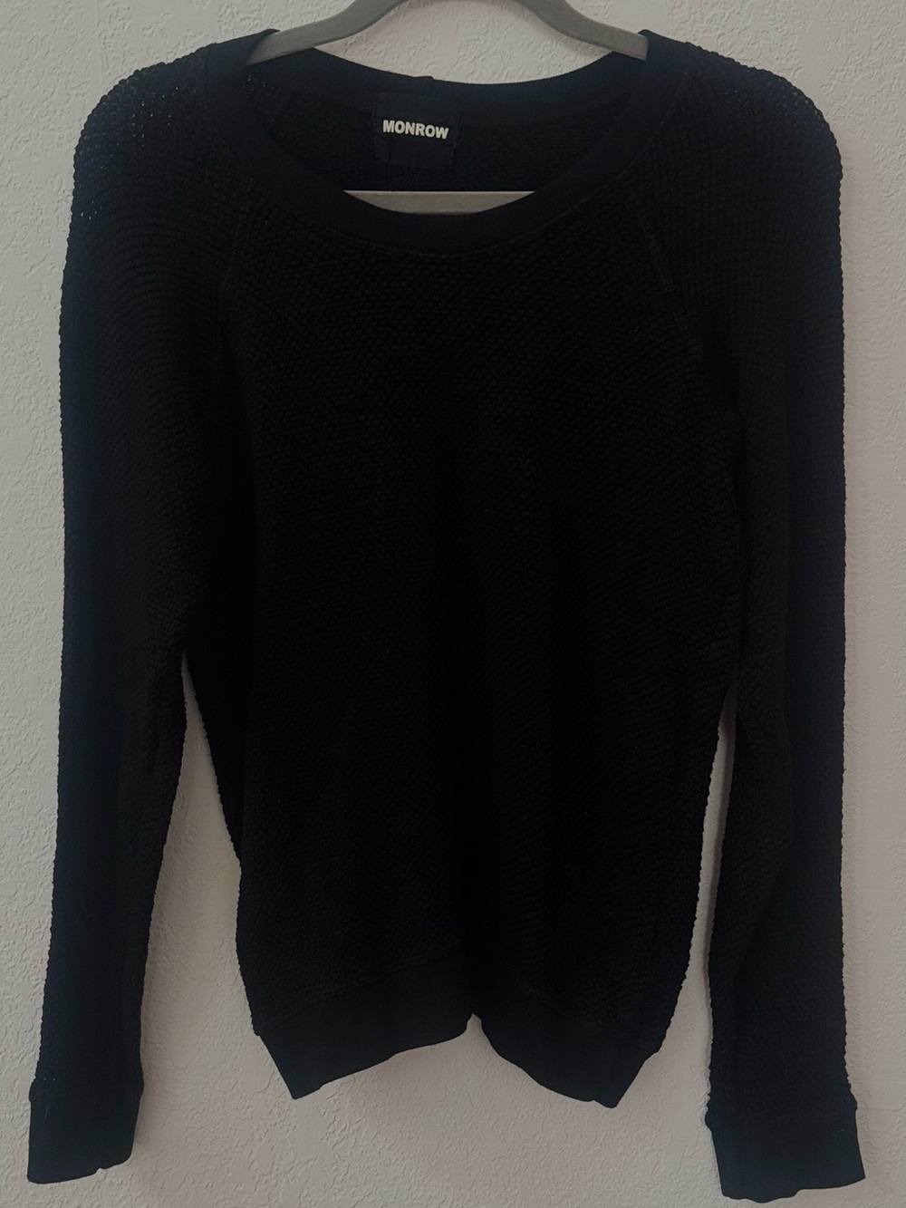 Monrow thermal semi sheer long sleeve crew neck stretch knit black sweater